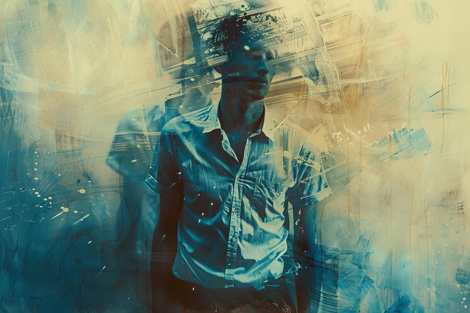A young man in a denim shirt blurred into blue and sand brushstrokes