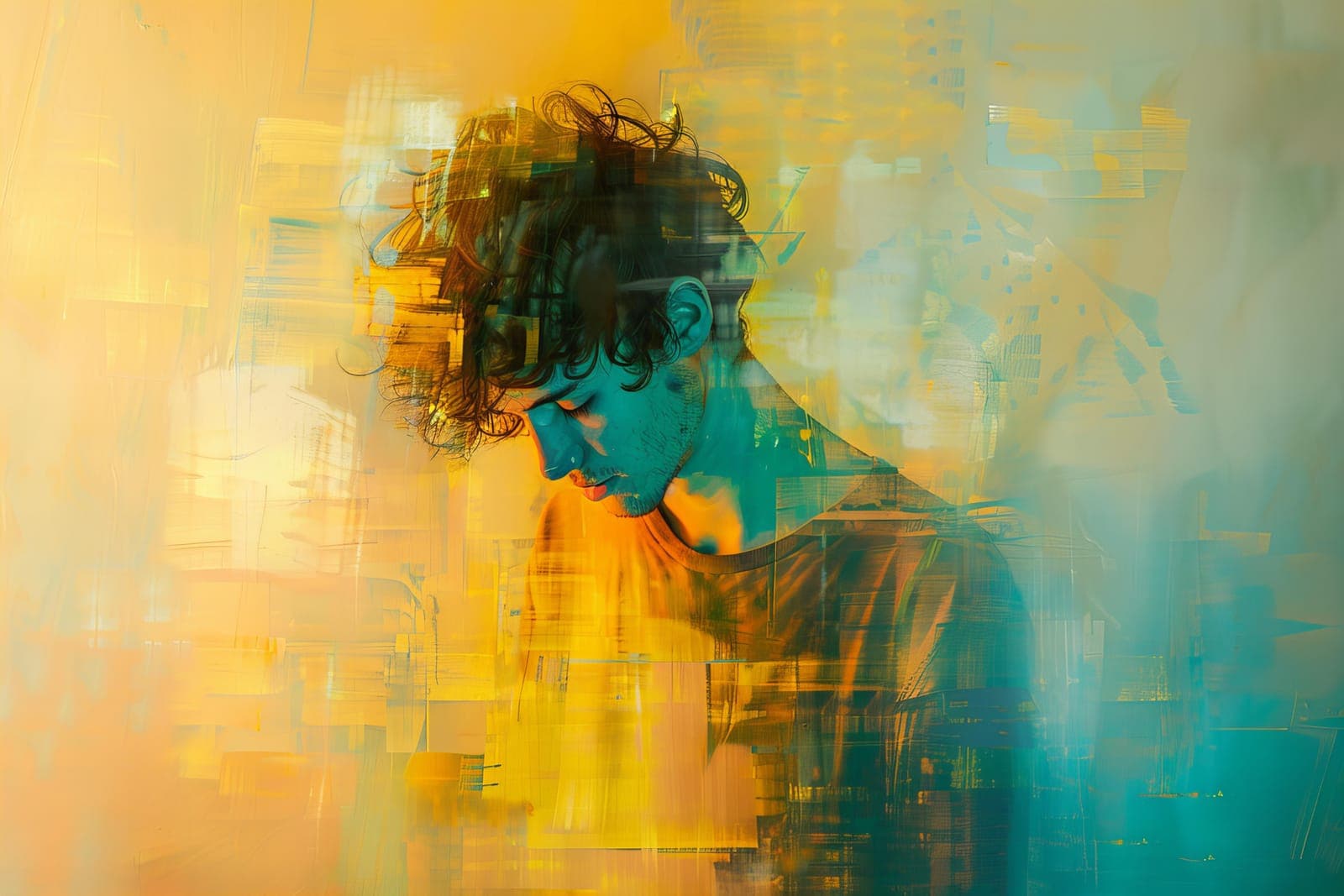A curly-haired man looking down, dissolving into yellow and teal glitches