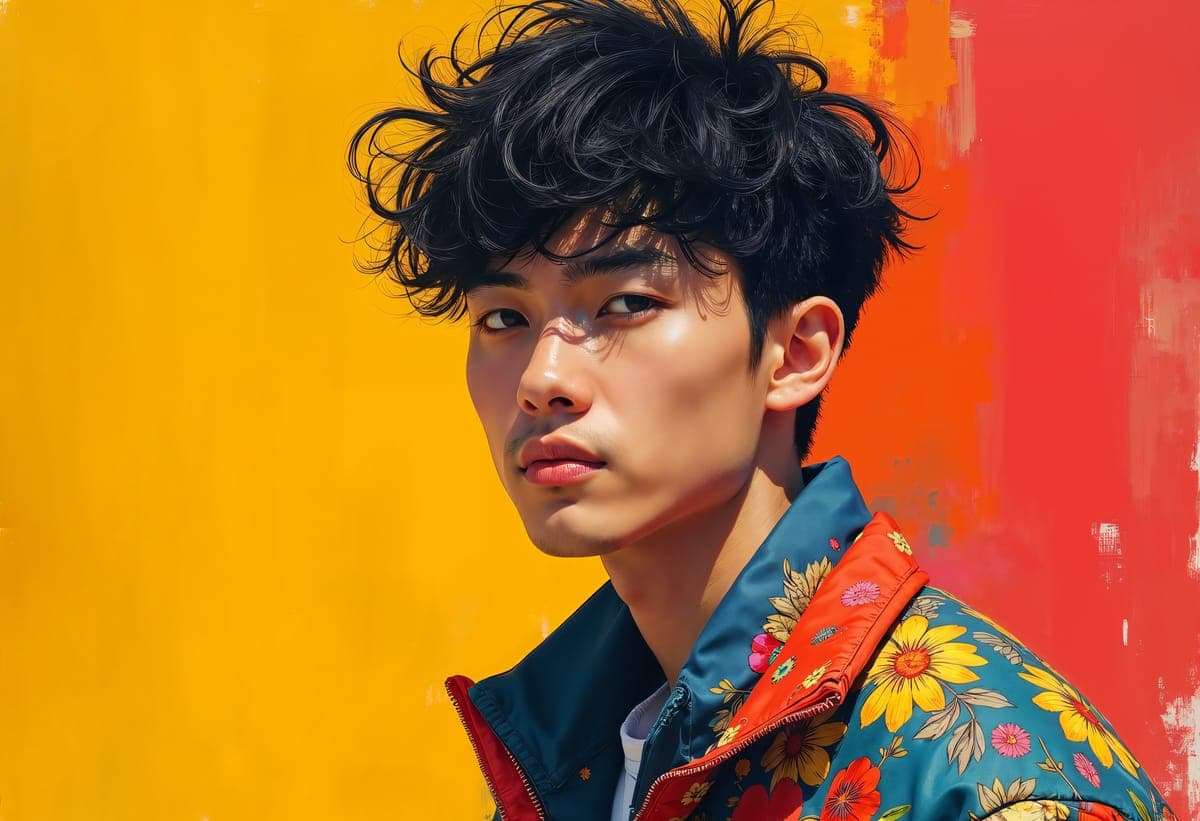 A young man with tousled black hair in a floral jacket against yellow and red