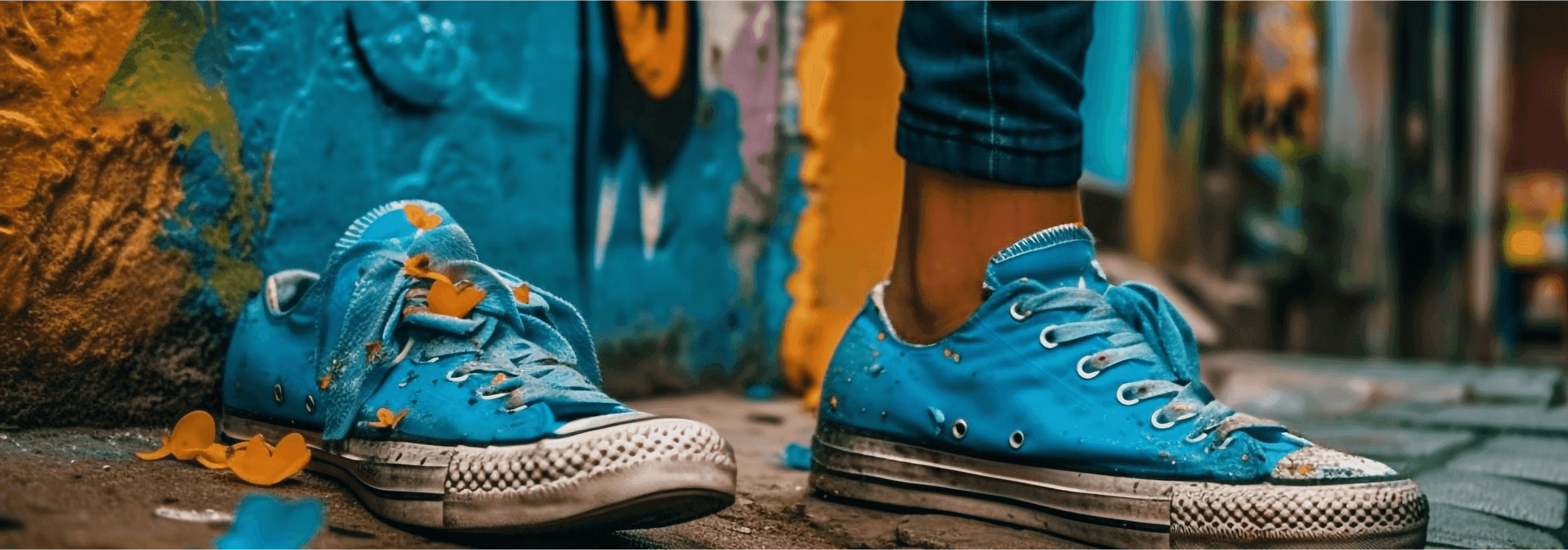 Worn blue sneakers on a street in front of a graffiti wall