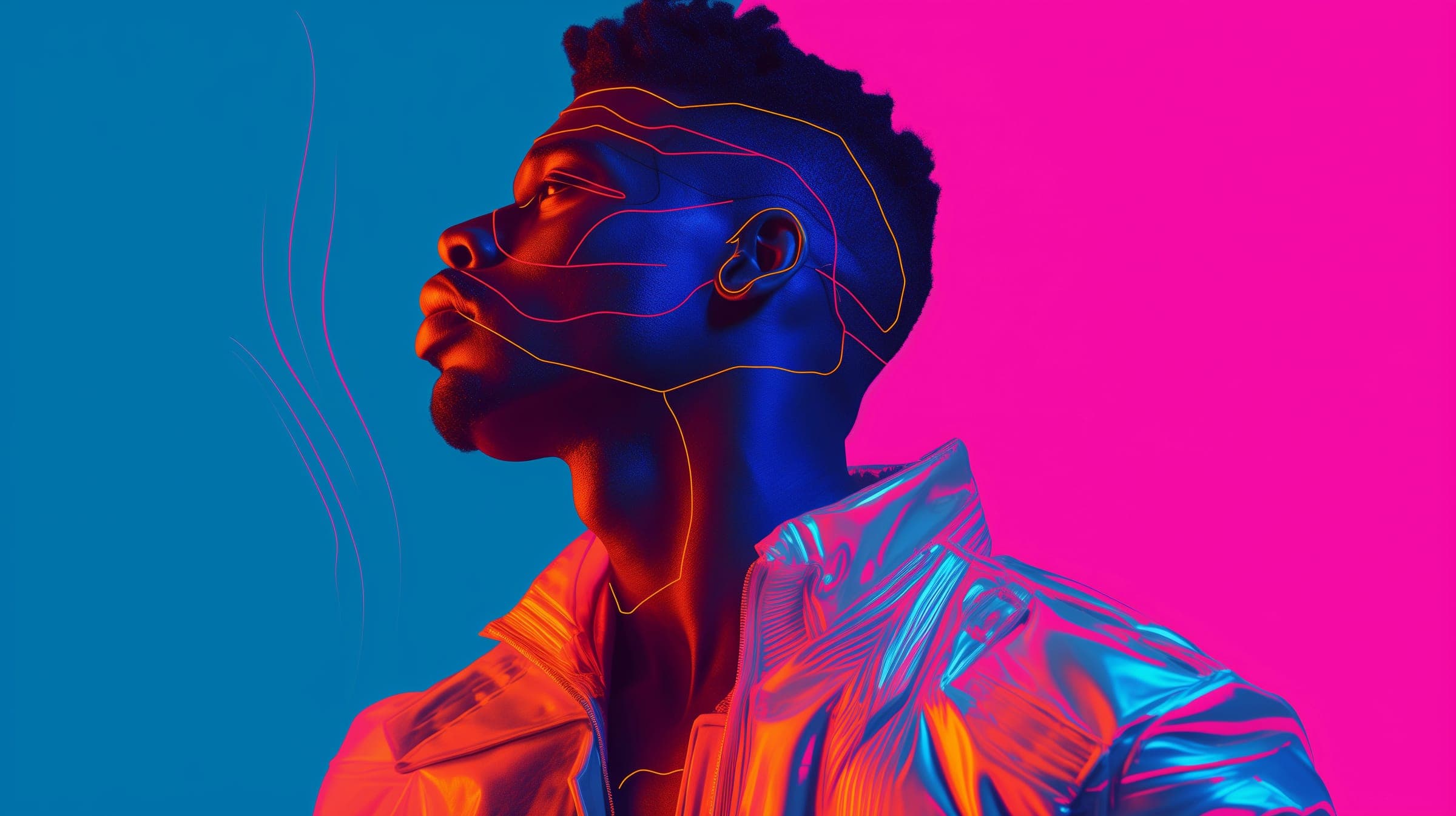 A man in a glossy jacket in profile against blue and pink, traced with neon lines