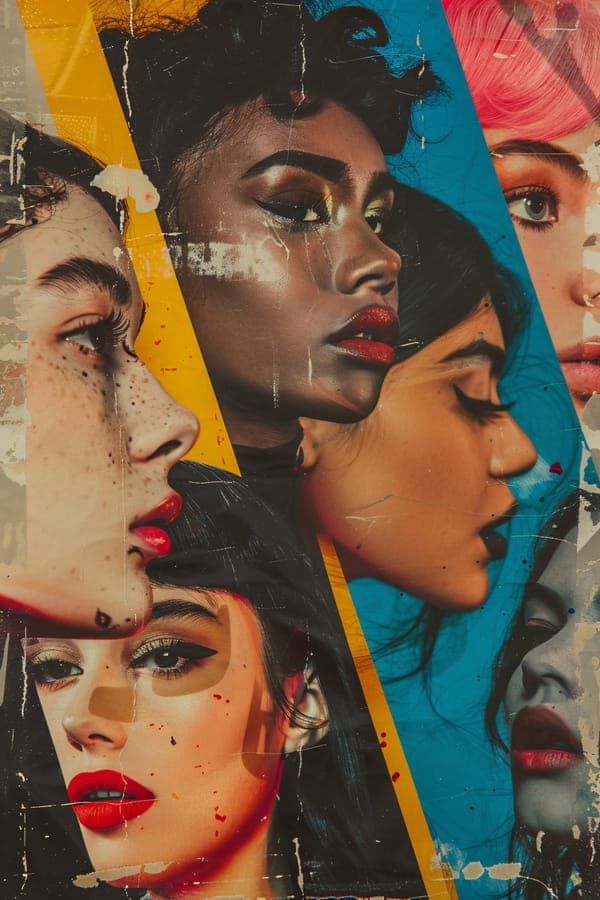 A torn-poster collage of women's faces in profile with red lips