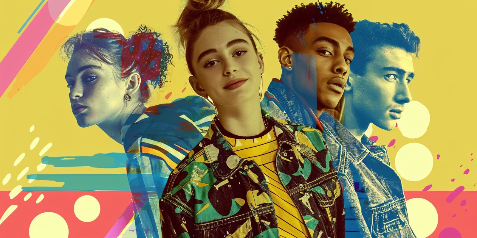 Four young people in denim jackets in a collage over yellow with paint splashes