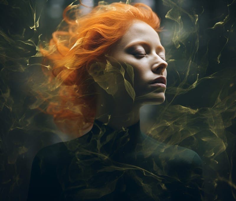 A red-haired woman with closed eyes wrapped in smoky green wisps
