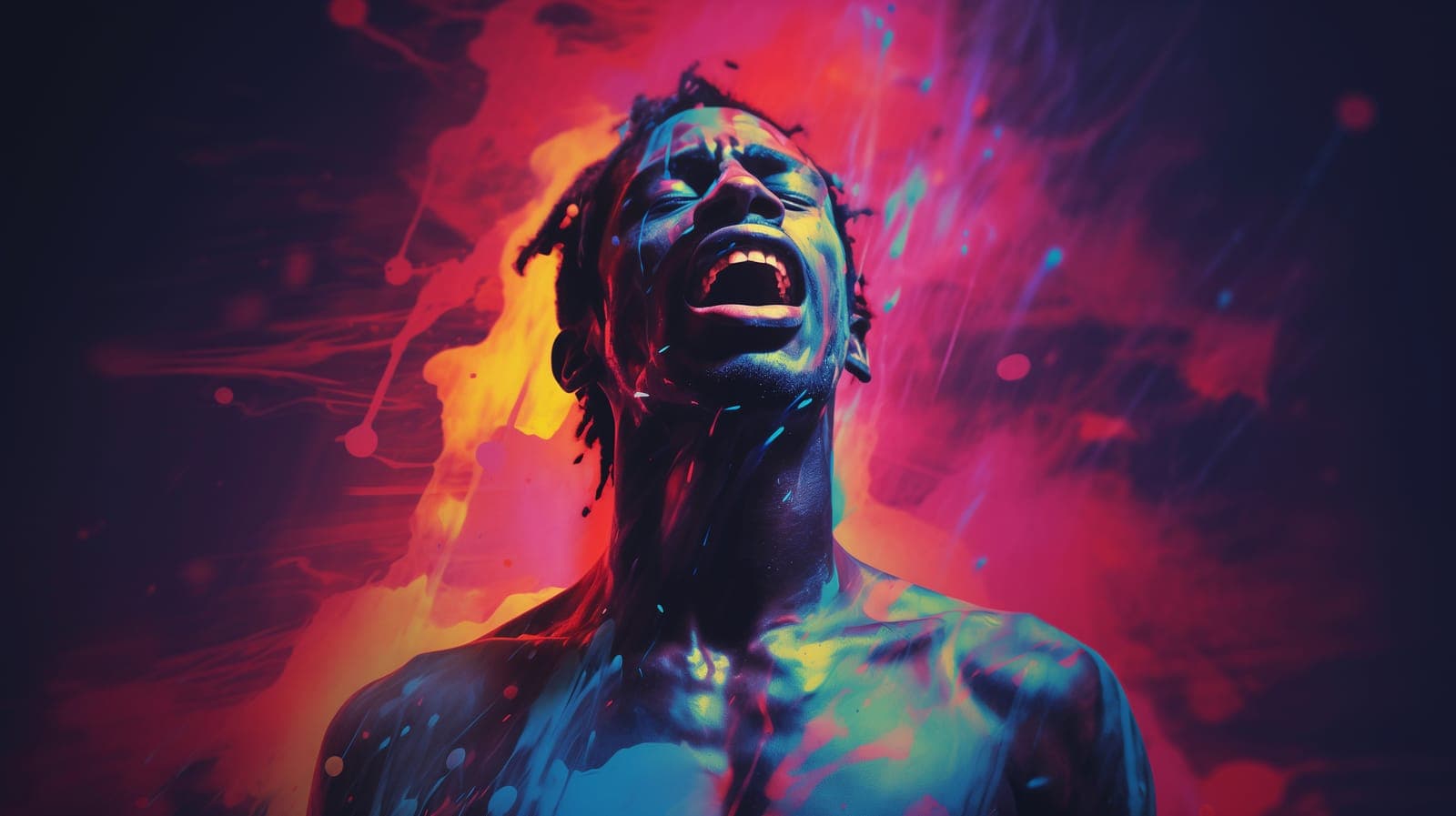 A man shouting with his head back amid splashes of red and blue paint