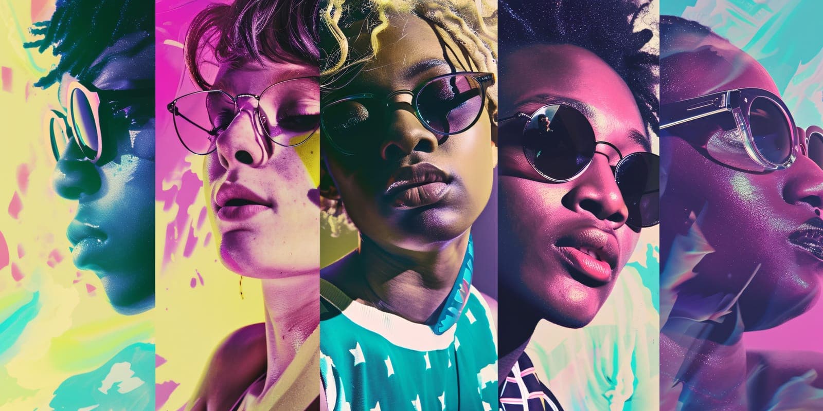 Five faces in sunglasses in vertical strips of pink, yellow and teal