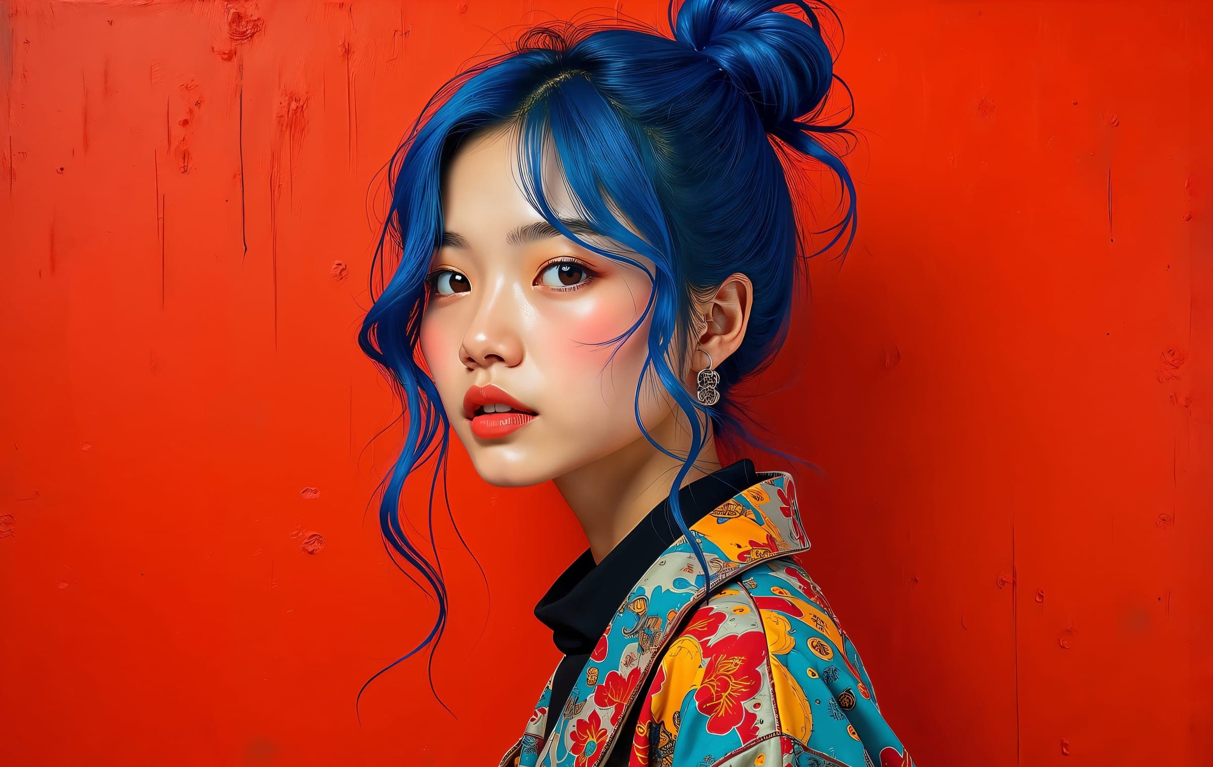 A young woman with a blue hair bun in a patterned jacket against a red wall
