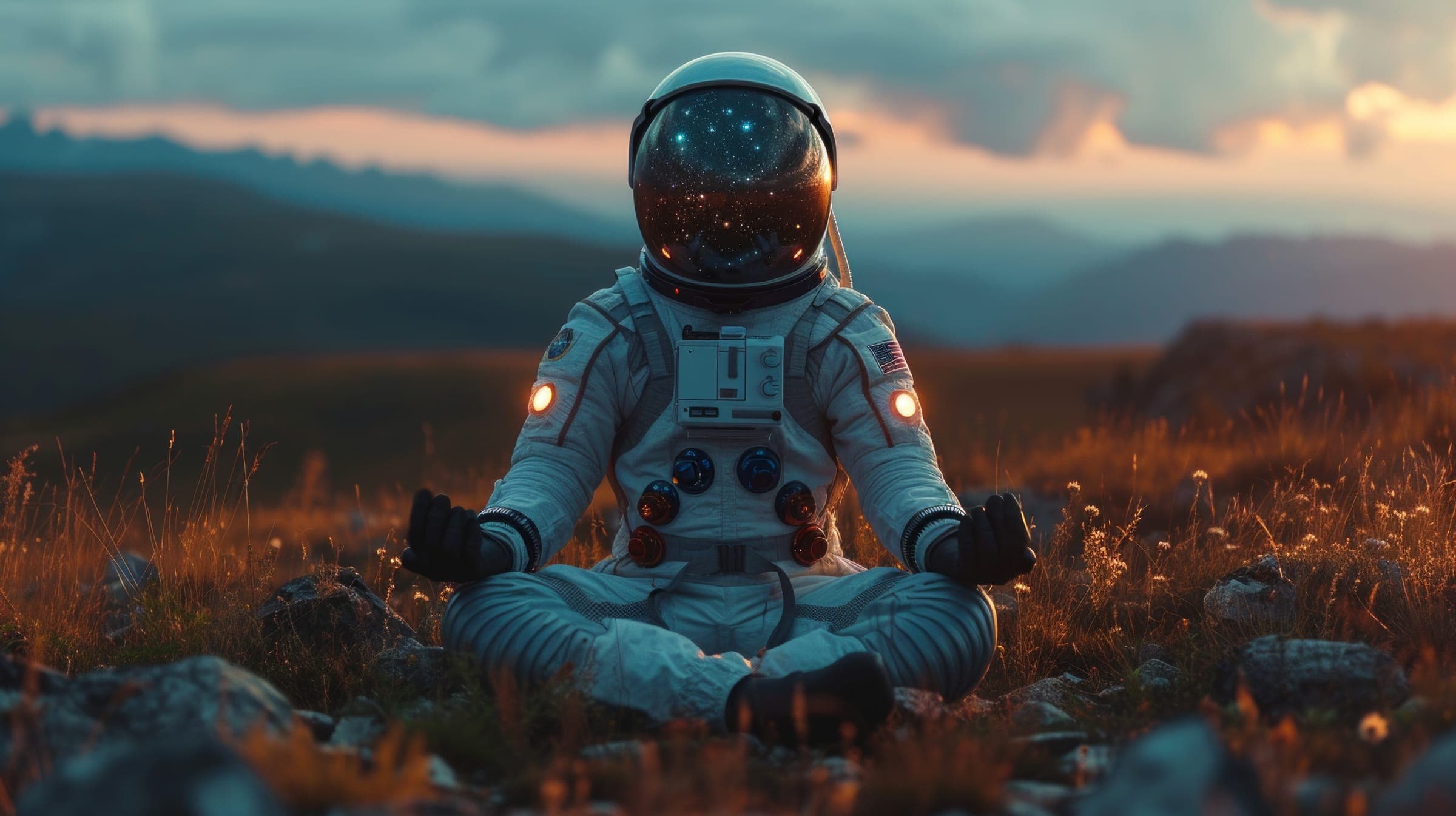 An astronaut sitting cross-legged in a grassy meadow at dusk