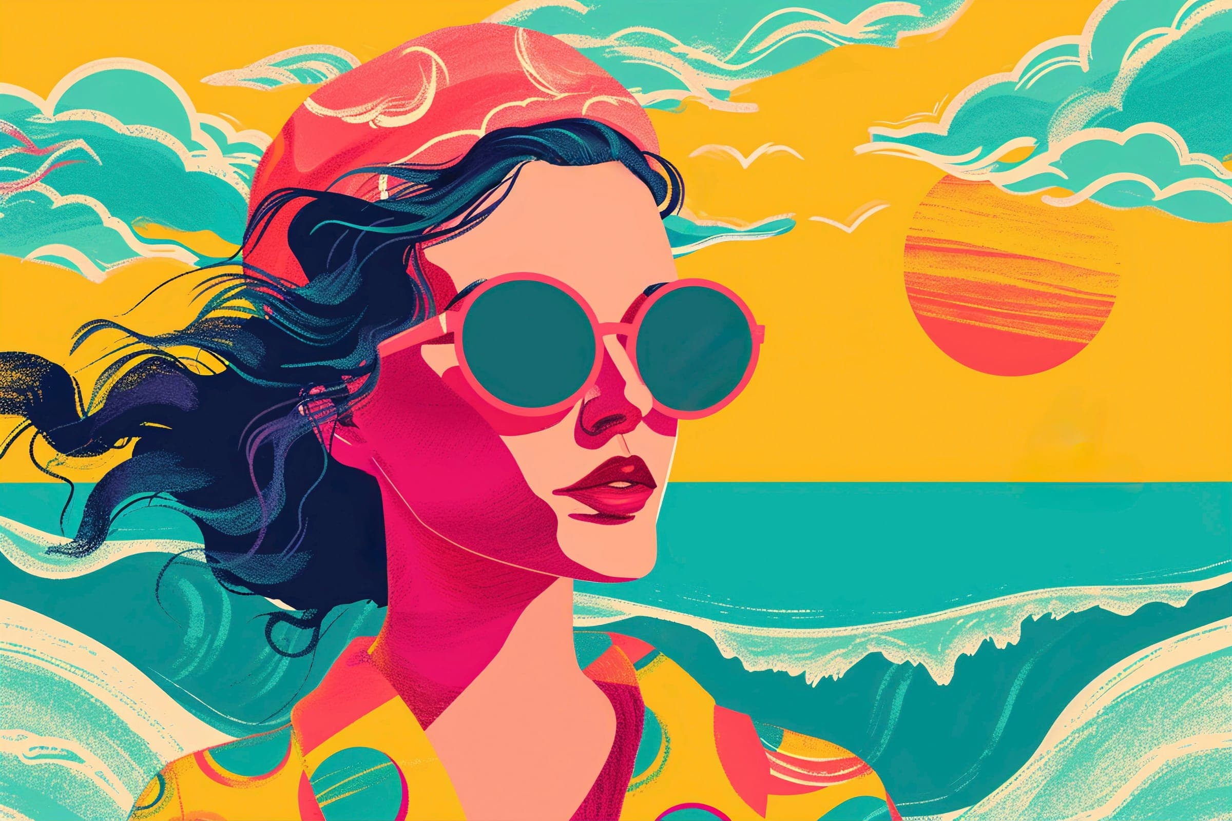 An illustrated woman in round pink sunglasses by the sea at sunset