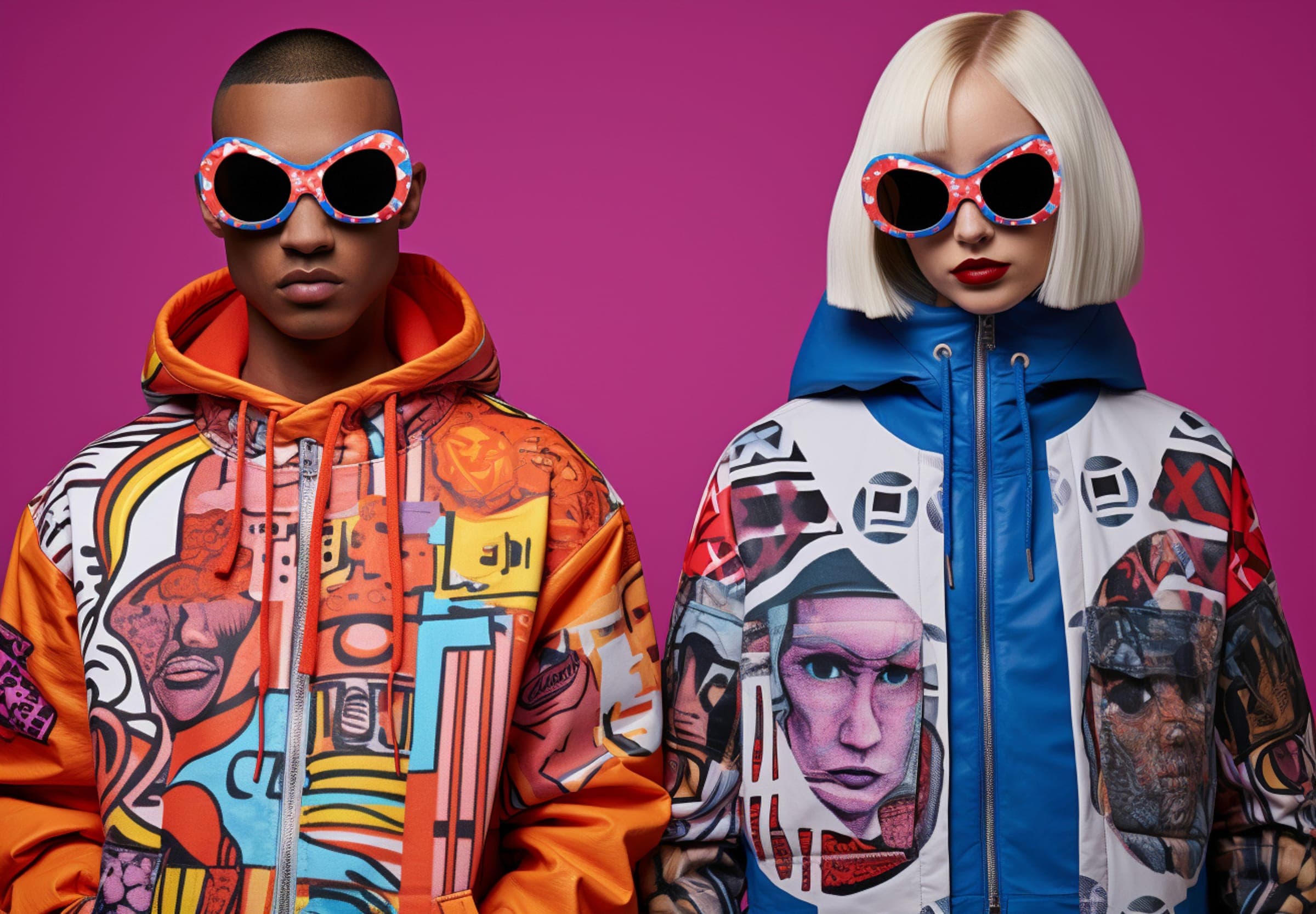 Two models in bold sunglasses and graphic print jackets against magenta