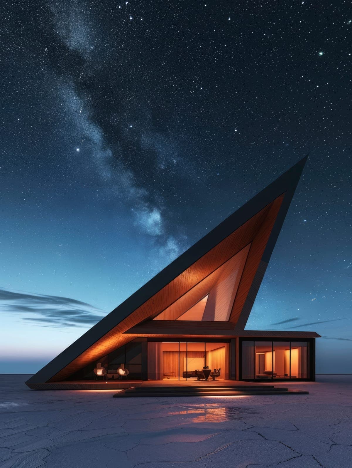 A house with a steep triangular roof glowing warmly under the Milky Way