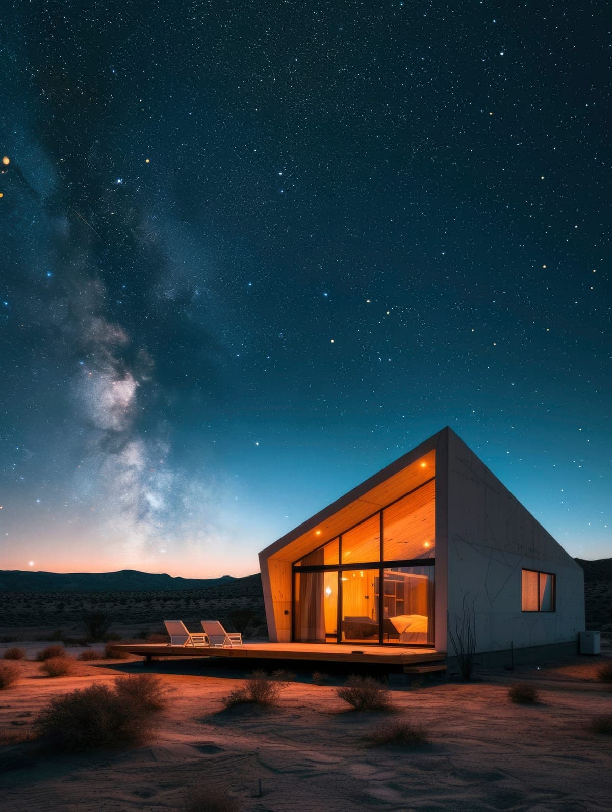 A small angular cabin with a lit glass front in the desert at night