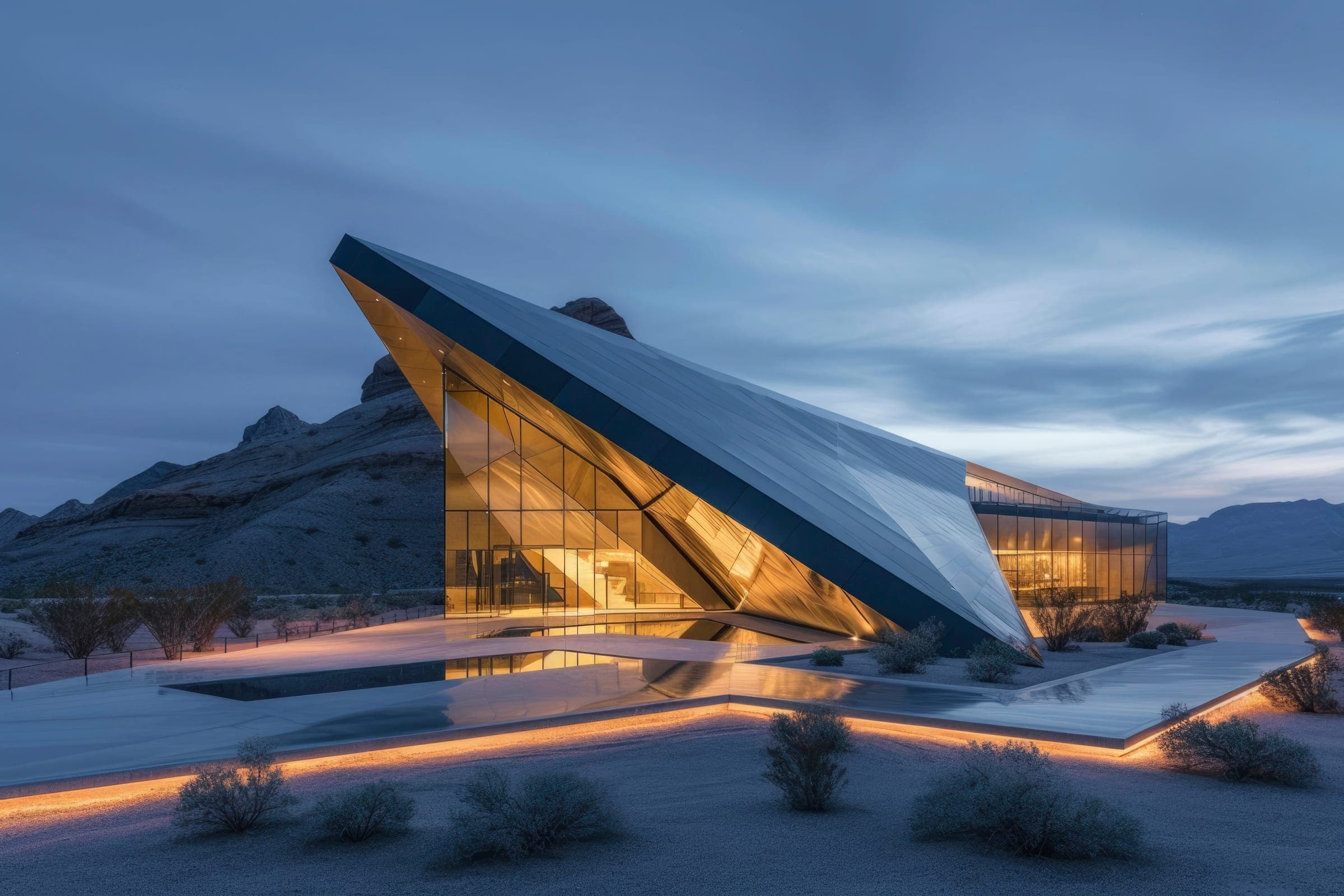 A sharp-angled glass and metal building lit gold at dusk in the desert