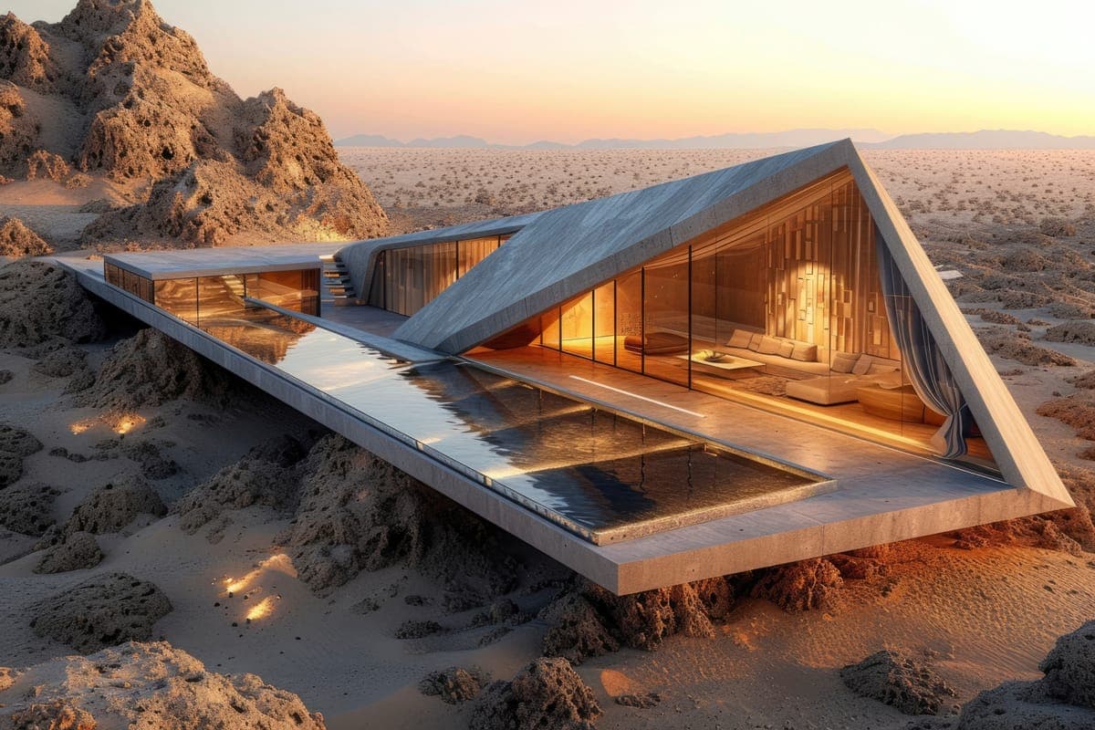 A cantilevered concrete house with a long pool among desert rocks at sunset