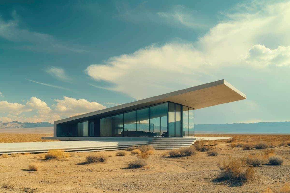 A flat-roofed glass pavilion with a long overhang in a sunny desert