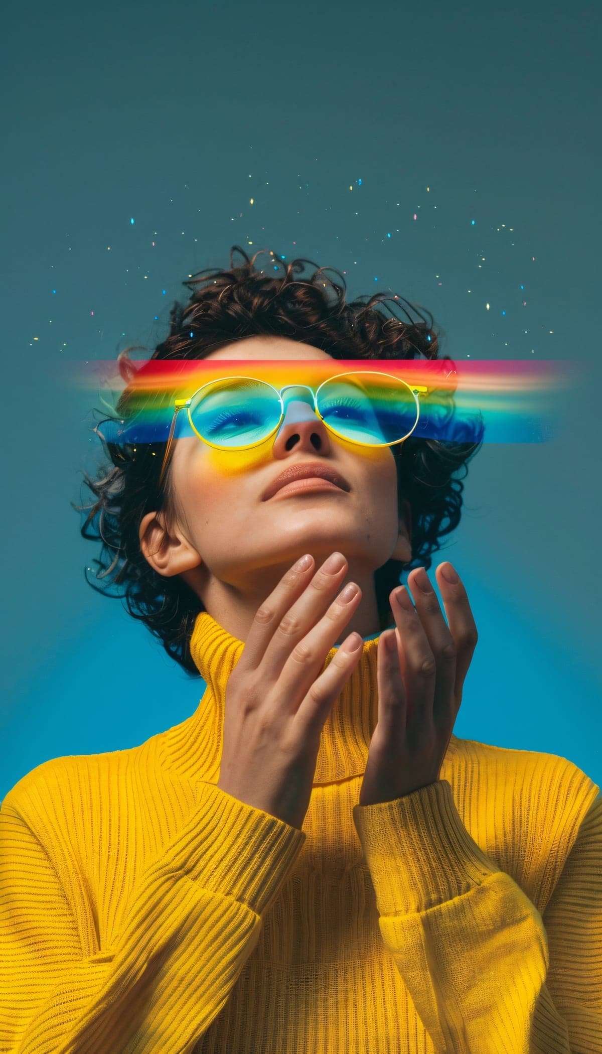 A curly-haired woman in a yellow sweater with rainbow light across her glasses
