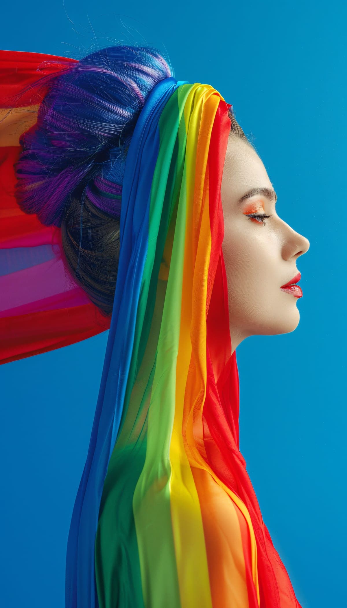 A woman in profile wrapped in a flowing rainbow scarf against blue
