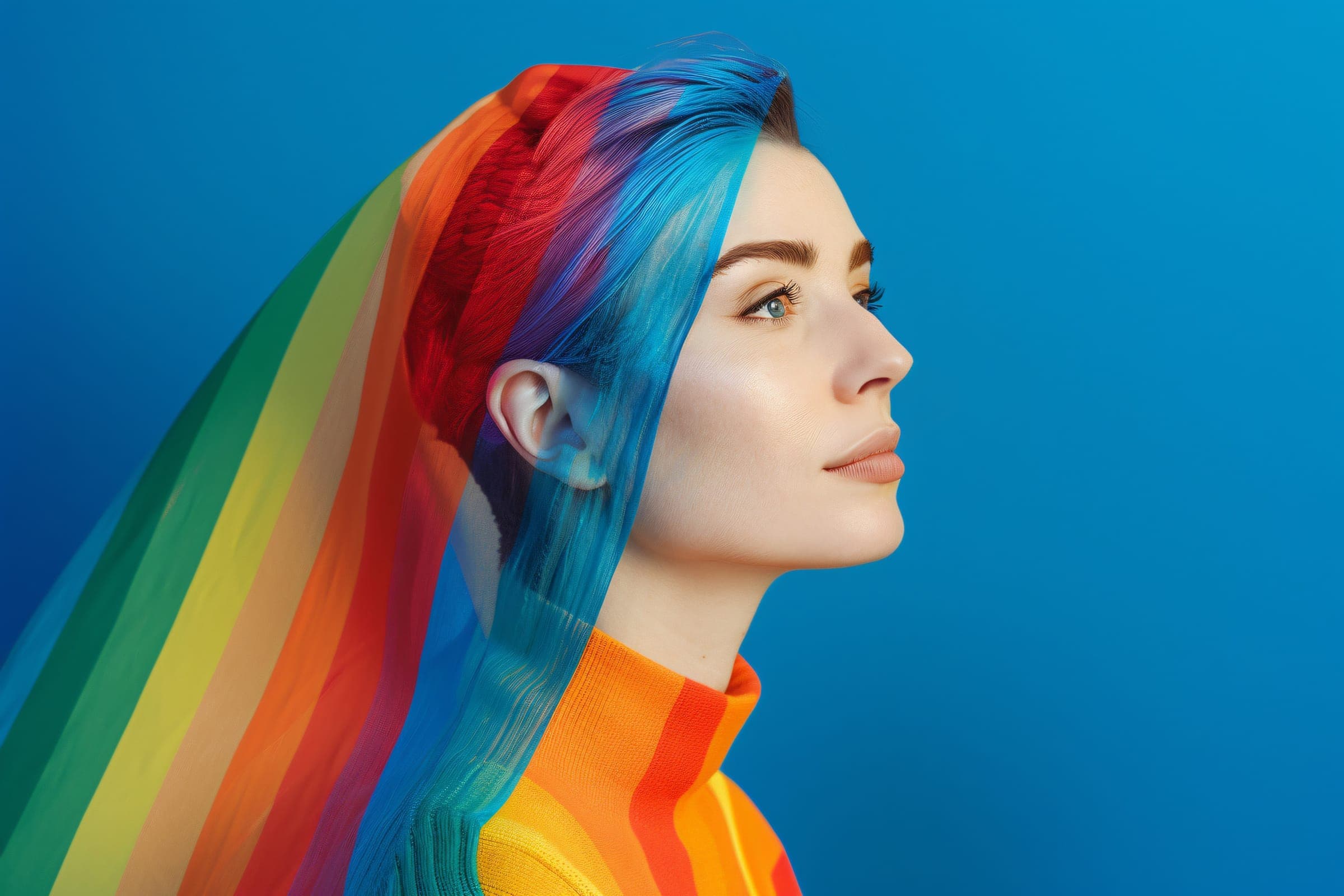 A woman with blue hair in profile under a rainbow veil against blue