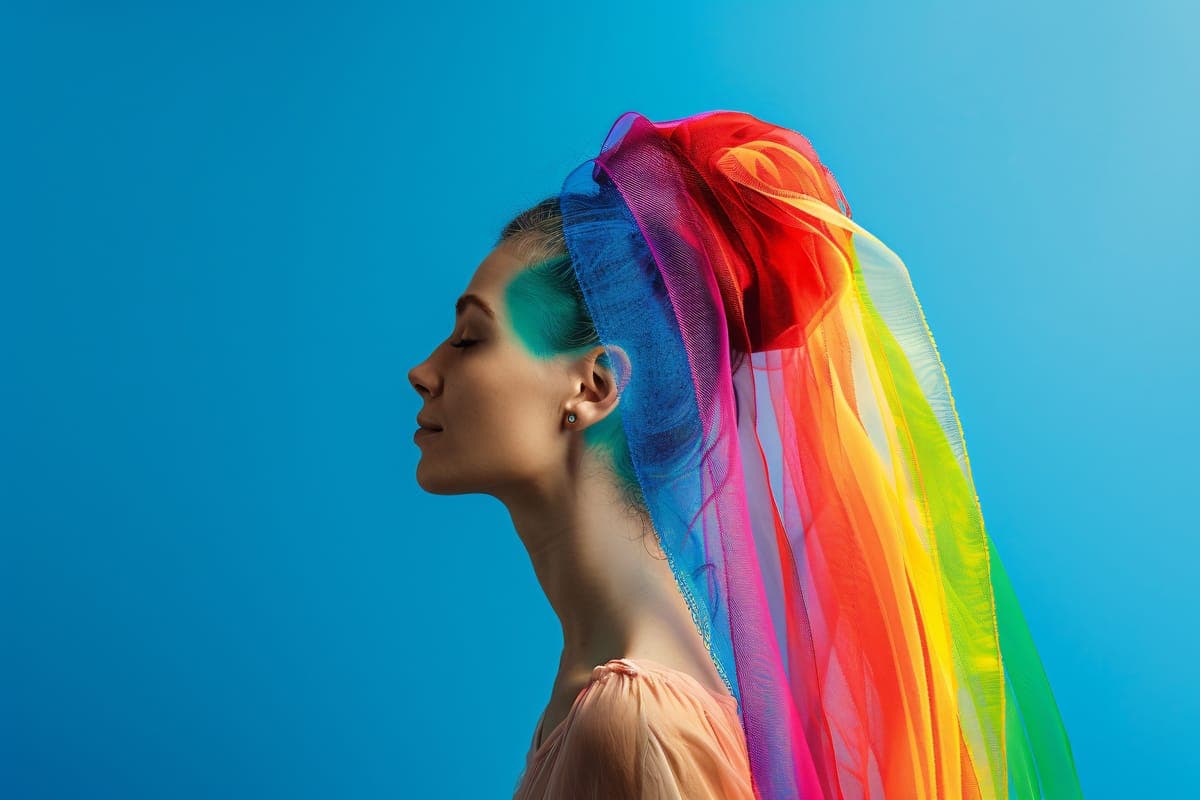 A woman in profile with eyes closed wearing a sheer rainbow veil