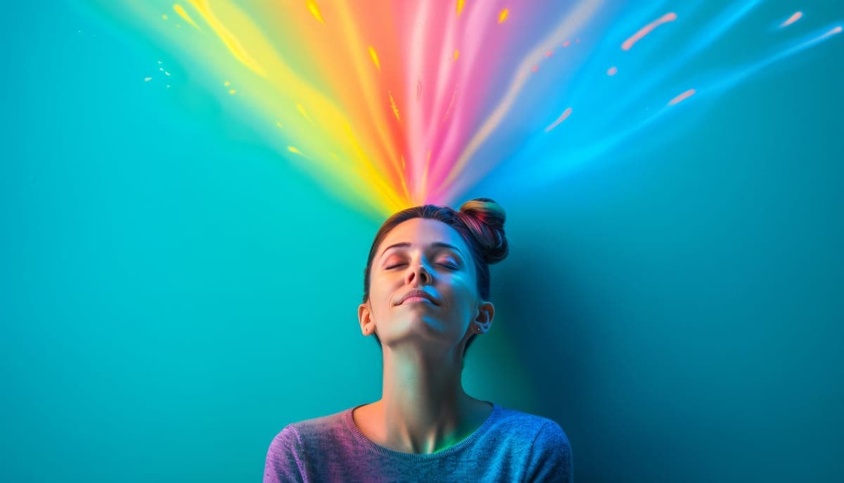 A woman with closed eyes as a rainbow of colour streams above her head