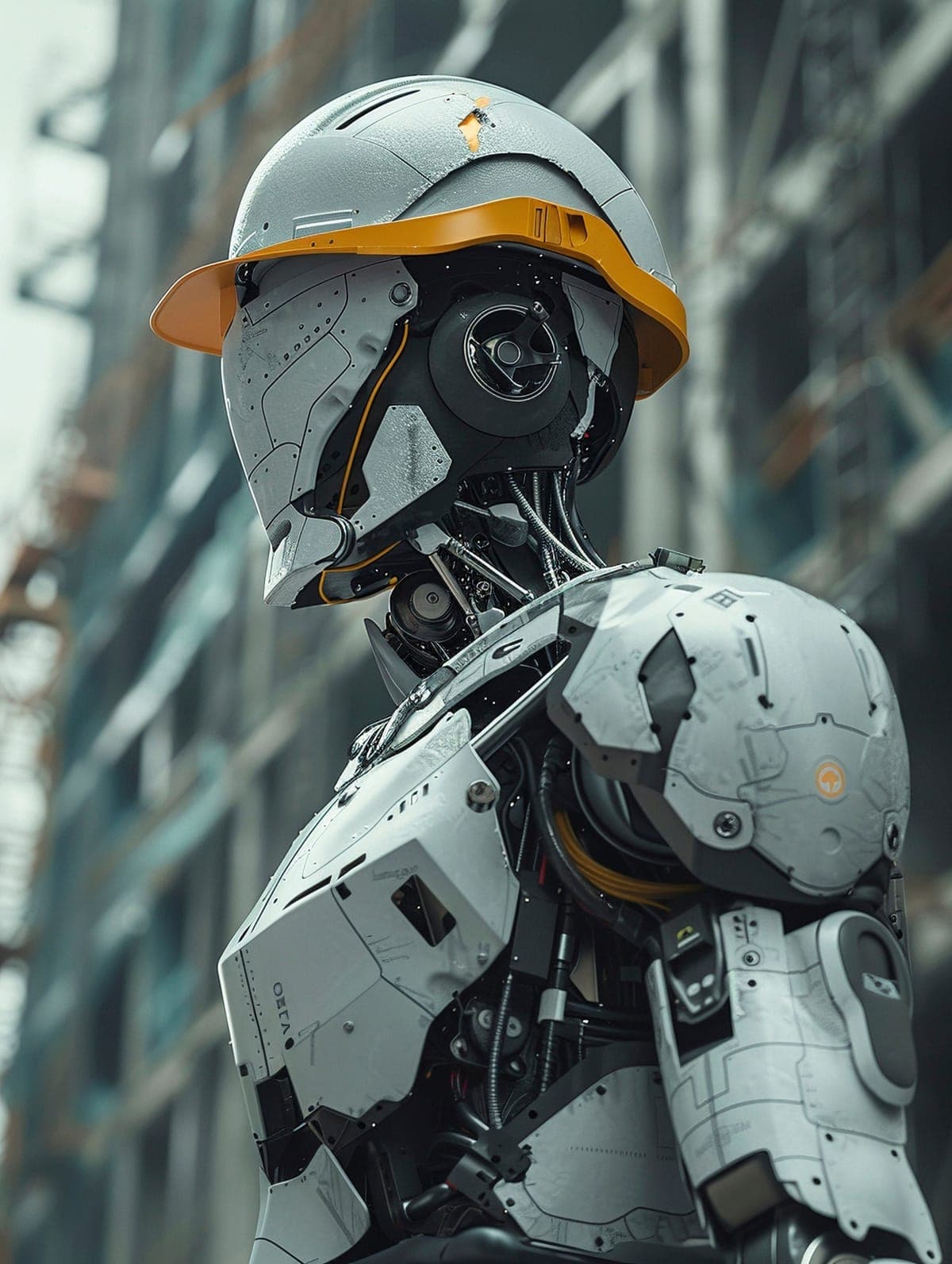 A white robot in an orange-brimmed hard hat at a building site