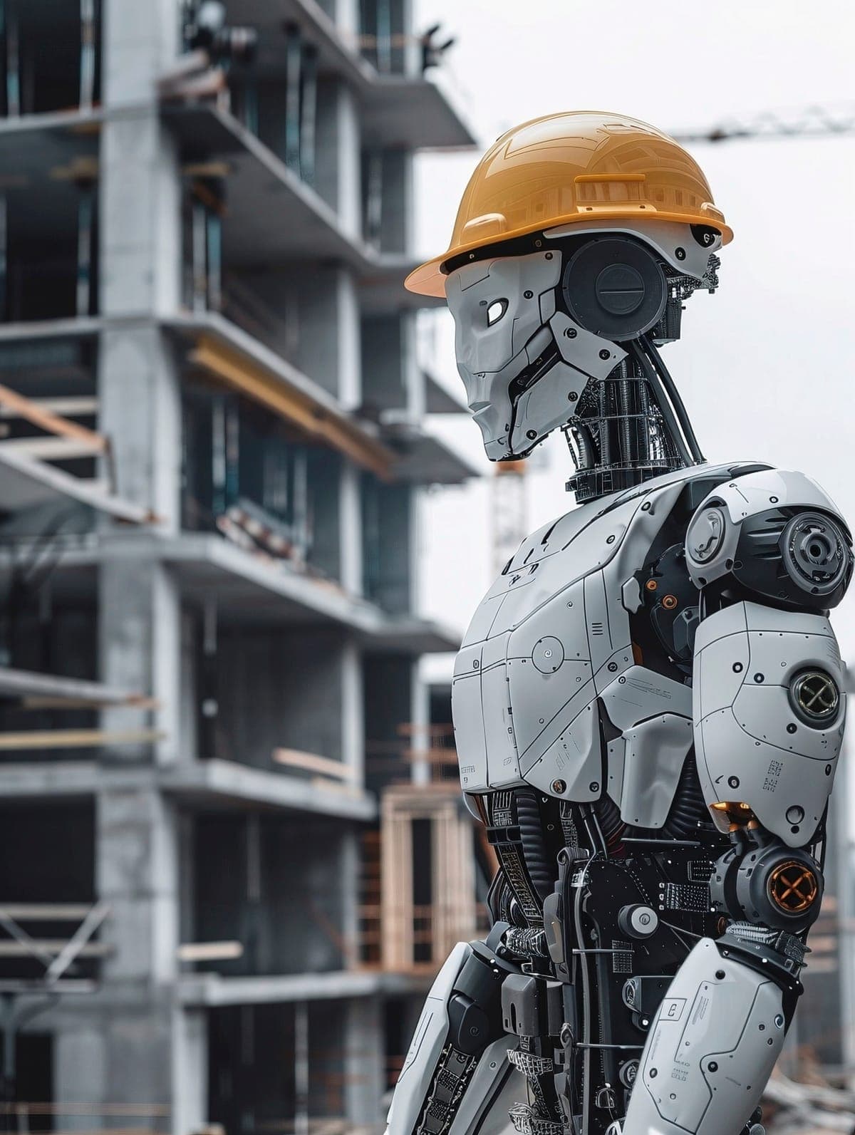 A white robot in a yellow hard hat in front of a building under construction