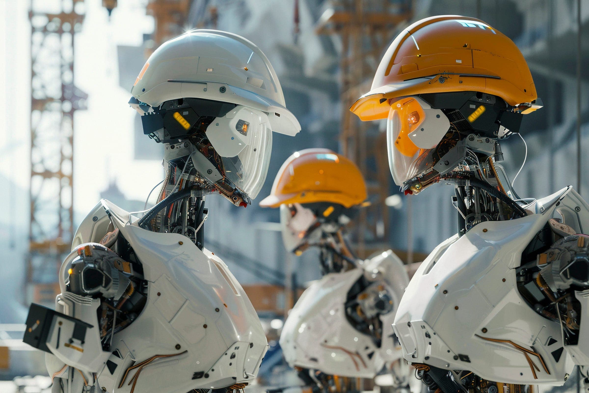 Three white robots in hard hats facing each other at a construction site