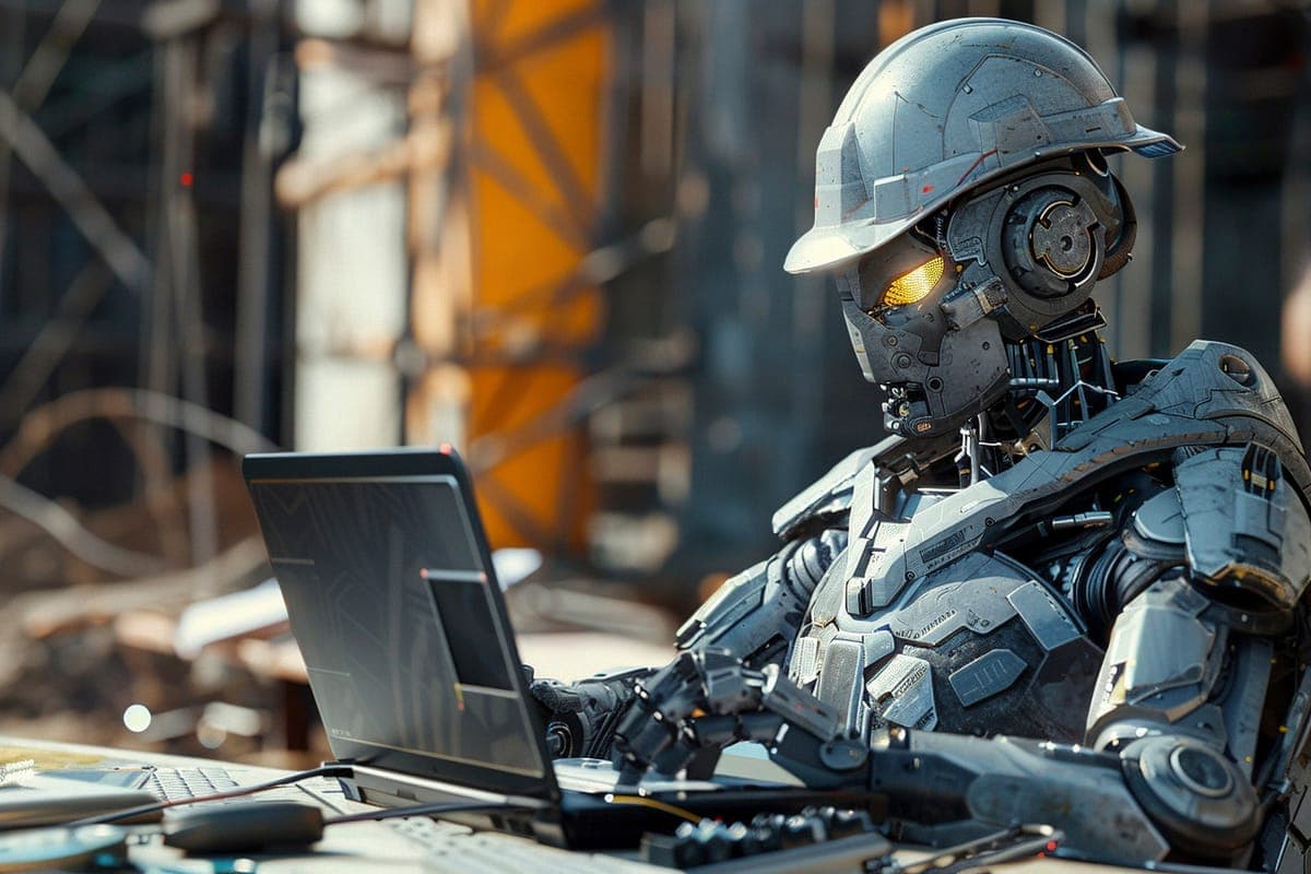 A grey robot in a hard hat typing on a laptop at a work site