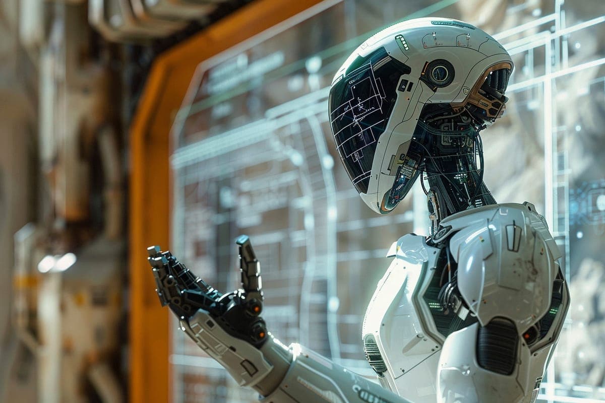 A white robot gesturing in front of a glowing holographic blueprint