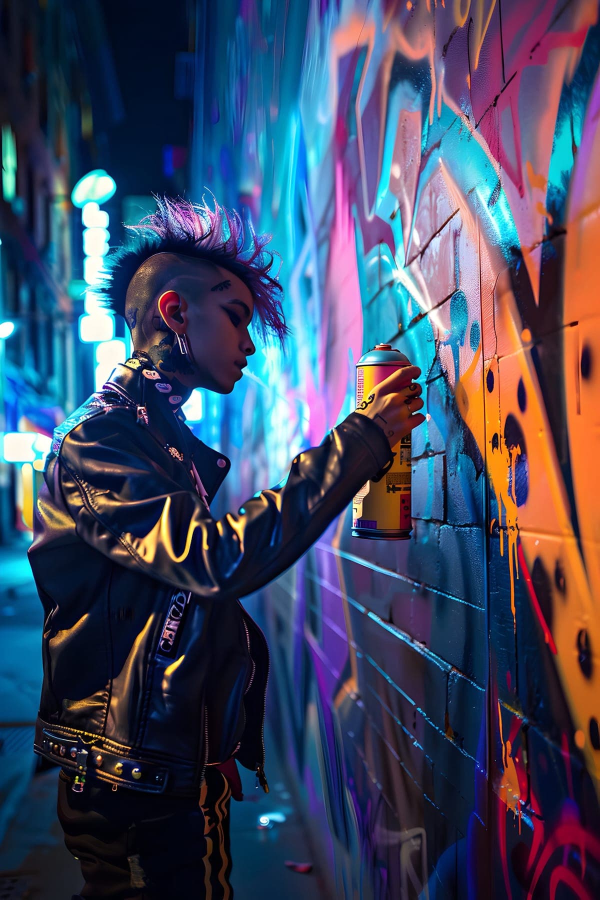 A punk with a purple mohawk spraying graffiti on a neon-lit wall at night
