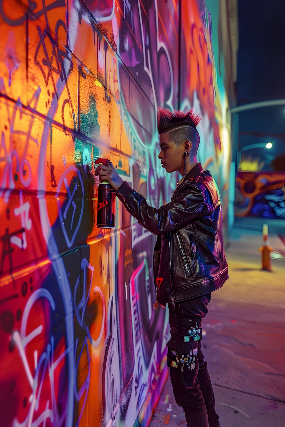 A young person with a red mohawk spray-painting a colourful wall at night