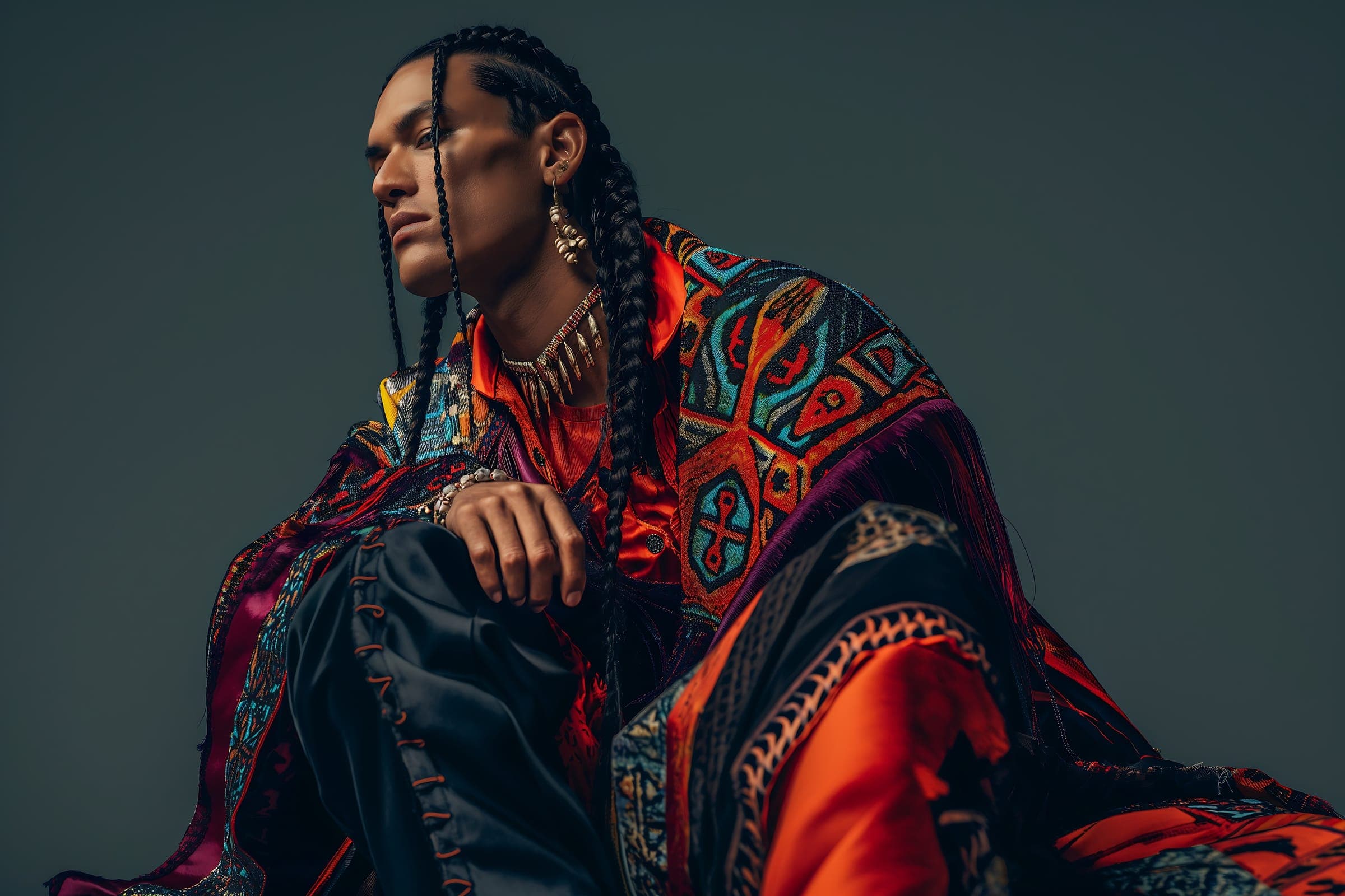 A man with long braids in a bold patterned robe and orange trousers