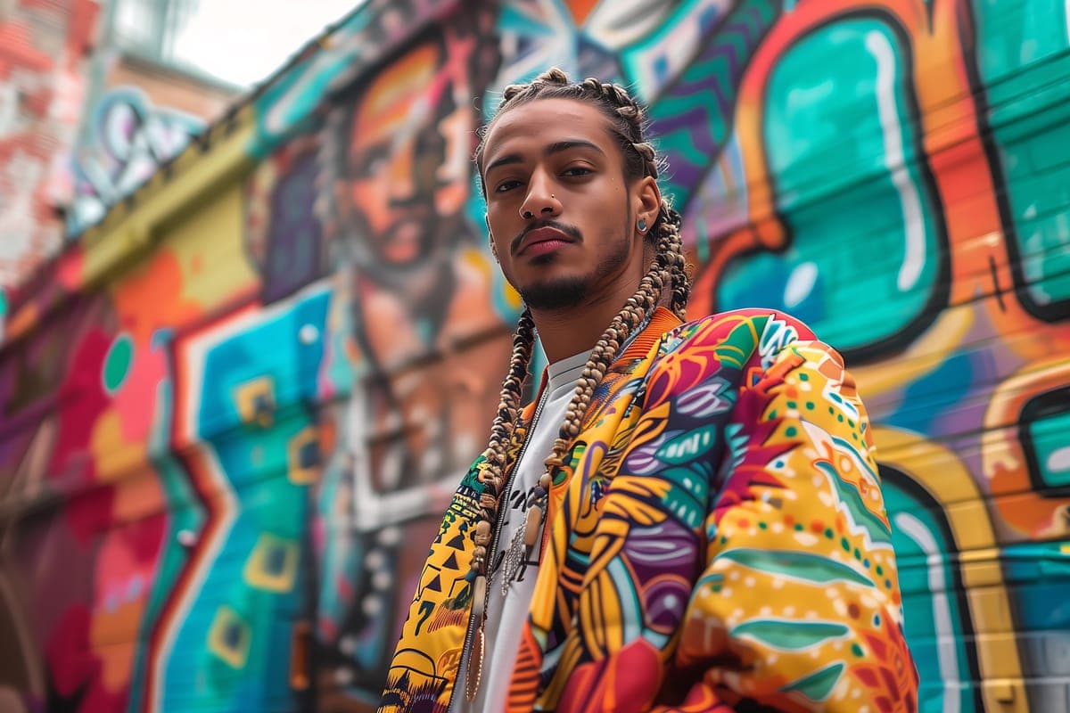 A man with braids in a colourful printed jacket in front of a mural