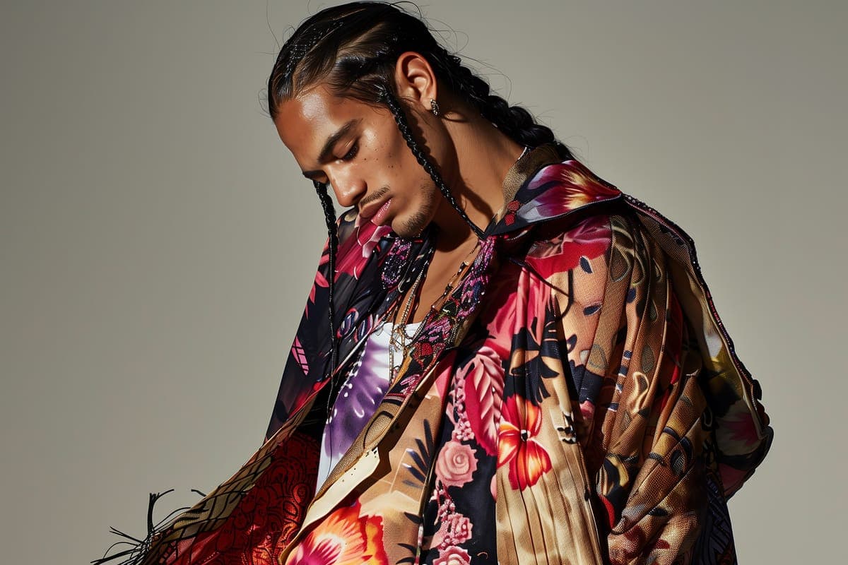 A man with braids looking down in a floral patchwork jacket
